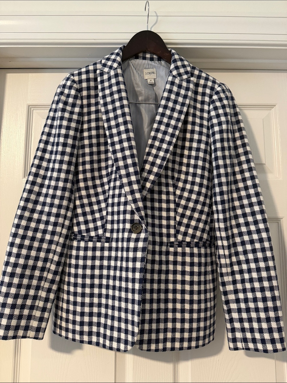 {J. Crew} Navy and White Gingham Single-Button Blazer